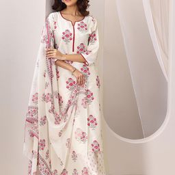 Libas Floral Printed Notch Neck Chanderi Silk Kurta With Trousers And Dupatta-image-44