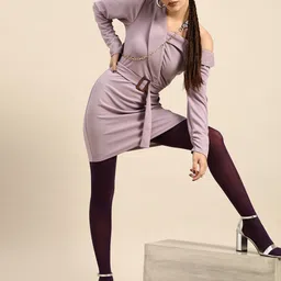 Athena Lavender Solid Street Style Blazer Dress with Belt-image-82