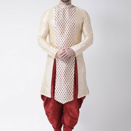 DEYANN Men Cream-Coloured Printed Dupion Silk Kurta with Dhoti Pants-14