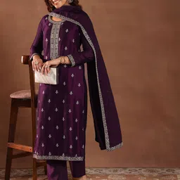 Libas Ethnic Motifs Embroidered Sequinned Straight Kurta With Trousers & Dupatta-picture-5