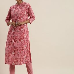 Sangria Women Pink & White Pure Cotton Floral Printed Kurta with Trousers-17