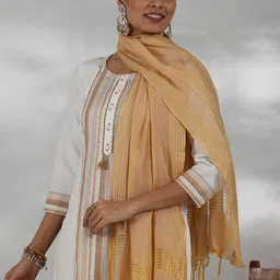 Libas Striped Woven Design Round Neck Regular Pure Cotton Kurta With Trousers With Dupatta-91