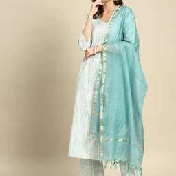INDYES Striped Pleated Thread Work Pure Cotton Kurta With Trousers & Dupatta-55