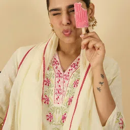 Indo Era Women Floral Embroidered Pure Cotton Kurta with Trousers & With Dupatta-45