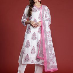 Indo Era Floral Printed Sequinned Pure Cotton Kurta with Trousers & With Dupatta-picture-10