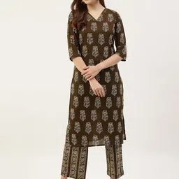 FIORRA Women Brown Floral Printed Pure Cotton Kurti with Trousers-image-47
