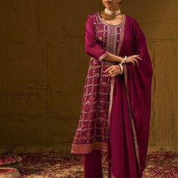 Indo Era Floral Embroidered Jacquard Straight Kurta With Trousers & Dupatta-21