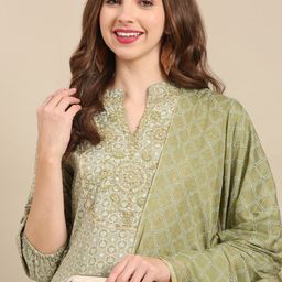 SHOWOFF Ethnic Motifs Printed Chanderi Cotton Kurta with Trousers & Dupatta-picture-1