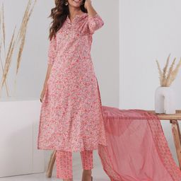 HERE&NOW Women Pink Floral Printed Pure Cotton Kurta with Trousers & With Dupatta-picture-5
