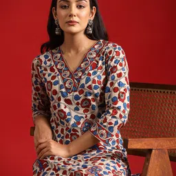 anayna Women Beige Floral Printed Pure Cotton Kurta with Trousers-57