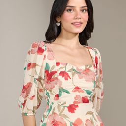 20Dresses Cream-Coloured & Maroon Floral Semi-Sheer A-Line Top-picture-7