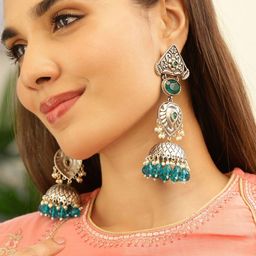 Rubans Oxidised Silver-Plated Emerald Green & Pearl Beaded Long Jhumka Earrings-12