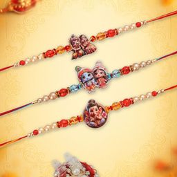 Yellow Bee Set Of 3 Unisex Thread Rakhis With Roli Chawal Holder & Greeting Card-image-118