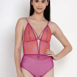 EROTISSCH Women Pink & Orange Sheer Net Embroidered Detail Bodysuit-image-17