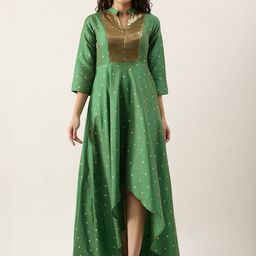 Ethnovog Women Green  Golden Embellished High-low Maxi Dress-image-20