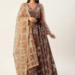 Ethnovog Women MauveSilver-Coloured Sequined Maxi Dress with DupattaMask-image-76