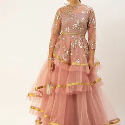 Ethnovog Women Peach-Coloured Sequinned Embellished Layered Made To Measure Maxi Dress-image-30