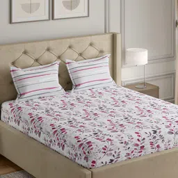 GM Grey & White Floral 140 TC Queen Bedsheet with 2 Pillow Covers-image-38