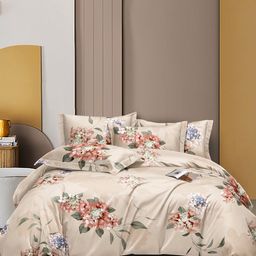 Aura Beige & Red Floral 350 TC King Bedsheet with 2 Pillow Covers-image-59