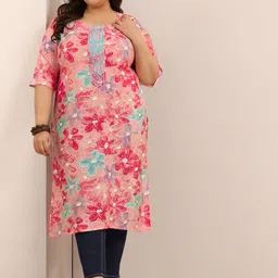 EXTRA LOVE BY LIBAS Plus Size Women Floral Printed Thread Work Kurta-picture-8