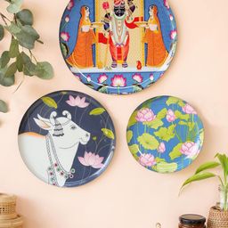 Ritualistic Red & Blue 3 Pieces Pichwai Art Painted Wall Decor Plates-image-52