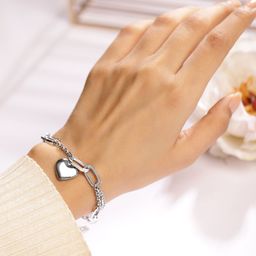Rubans Rhodium-Plated Stainless Steel Tarnish-Free Waterproof Chain Link Heart Bracelet-image-21