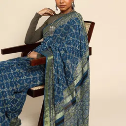 Taavi Ethnic Motifs Zari Pure Cotton Block Print Saree-16