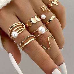 Shining Diva Fashion Set Of 8 Gold-Plated Pearls Beaded Hypoallergenic Finger Rings-image-82