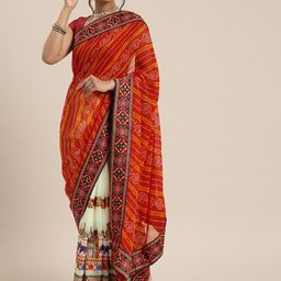 Mitera Orange & Off-White Pure Georgette Embroidered Bandhani Saree-image-97