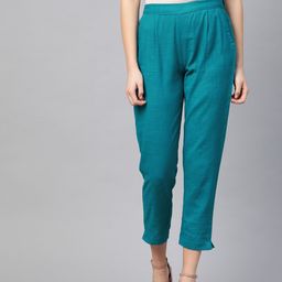 YASH GALLERY Women Blue Regular Fit Solid Cotton Cropped Regular Trousers-image-90
