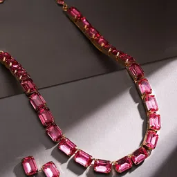 Rubans Voguish 18K Gold Plated Crystal Pink Cubic Zirconia Studded Statement Necklace Set-13