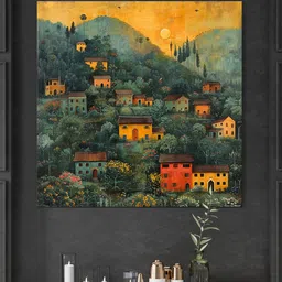 999Store Green Canvas Village at Dawn in the Hills cluster of houses Wall Painting-picture-4