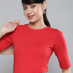 HERE&NOW Women Red Solid Pure Cotton T-shirt-picture-18