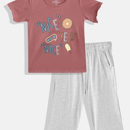 Sweet Dreams Girls Dusty Rose Pink & Grey Melange Printed Pure Cotton Pyjama Set-image-88
