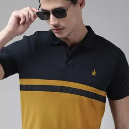 Roadster Men Navy Blue & Mustard Yellow Pure Cotton Colourblocked Polo Collar T-shirt-image-62