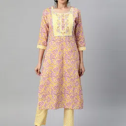 INDYES Women Lavender Ethnic Motifs Printed Embroidered Pure Cotton Kurta with Trousers-49