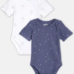 Broon Infant Boys Pack Of 2 Navy Blue & White Printed Pure Cotton Bodysuits-2