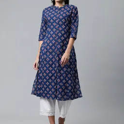 MALHAAR Women Navy Blue & White Ethnic Motifs Printed Pure Cotton Kurta-picture-13