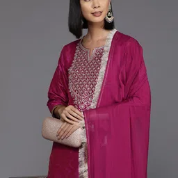Varanga Women Floral Yoke Design Regular Sequinned Kurta with Trousers & Dupatta-4