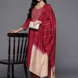 Varanga Women Maroon Ethnic Motifs Yoke Design Sequinned Kurta with Trousers & Dupatta-24
