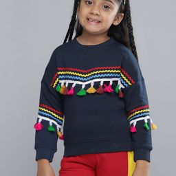 YK Girls Navy Blue & White Solid Round Neck Sweatshirt with Lace & Pom-Poms-image-46