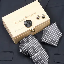 LOUIS STITCH Men Checkerd Black Italian Silk Necktie Accessory Gift Set-image-85