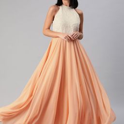 Ethnovog Women Peach-ColouredOff-White Embroidered Made To Measure Maxi Dress-17