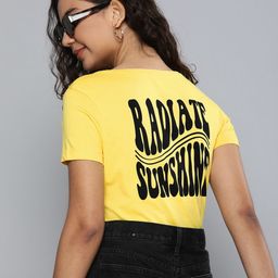 HERE&NOW Women Yellow & Black Typography Printed Pure Cotton T-shirt-image-23