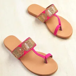 Street Style Store Women Pink & Gold-Toned Embellished One Toe Flats-8