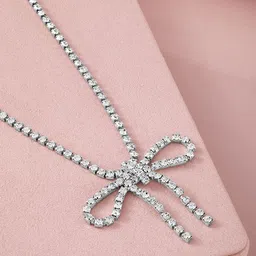 Rubans Rhodium Plated Cubic Zirconia Studded Statement Glamorous Bow Pendant Necklace-1