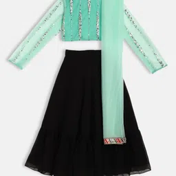 Ethnovog Girls Sea Green  Black Embellished Sequinned Made to Measure Lehenga  Blouse With Dupatta-image-28