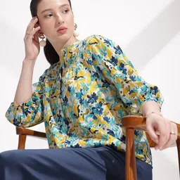 her by invictus Floral Print Mandarin Collar Puff Sleeve Cotton Top-image-95