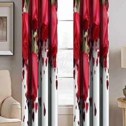 BELLA TRUE White & Red Set of 2 Floral Room Darkening Long Door Curtain-image-89