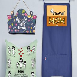Indigifts 3 Pcs Blue Printed Cushion Cover, Wall Hanging Apron Greeting Card Combo-3